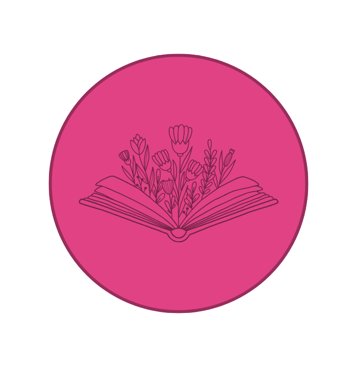 Pink circle icon, whitin a book is opened with flowers