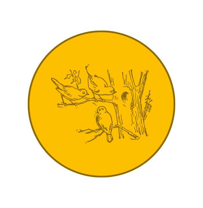 yellow circular icon with three little birds in the center perched on a branch.